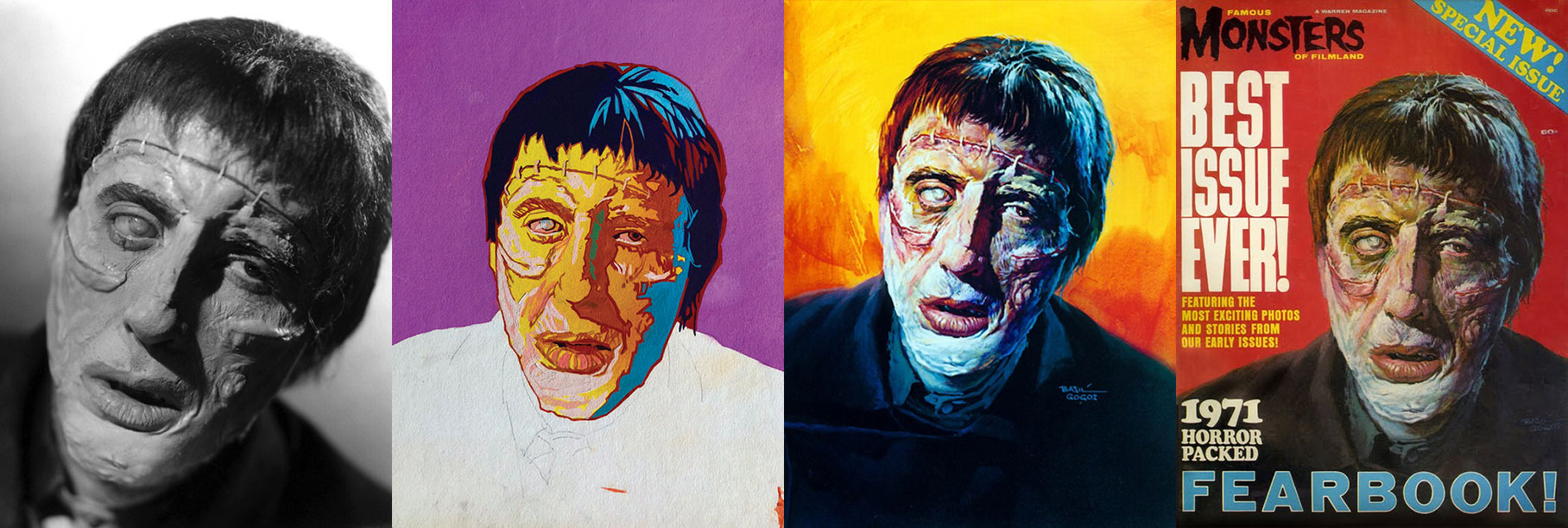 Three-stage progression of Basil Gogos's Christopher Lee as Frankenstein painting from The Curse of Frankenstein: the black-and-white reference photo, an early color-blocking study, and the final portrait.