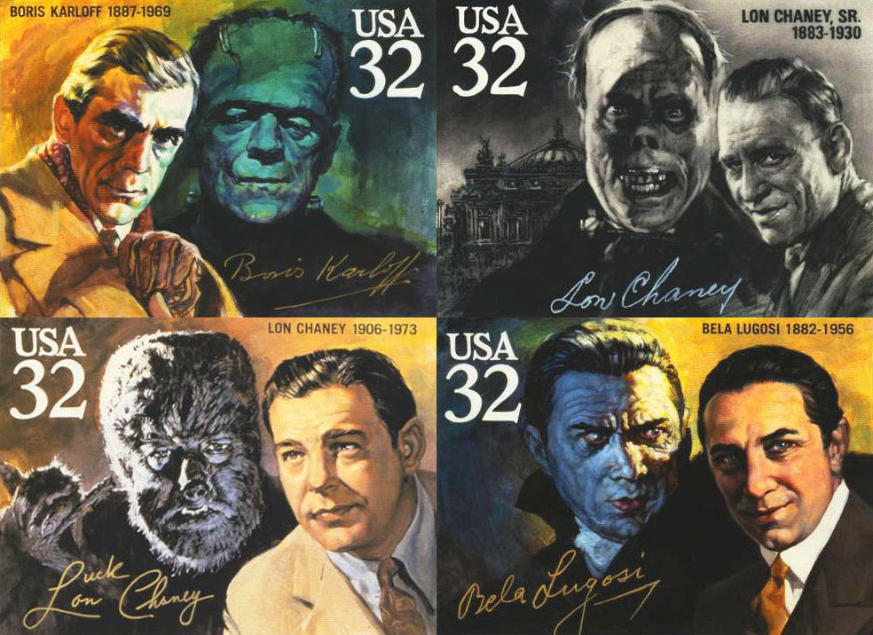 The 1997 US Postal Service Universal Monsters commemorative stamps, featuring Karloff's Frankenstein, Lon Chaney Sr.'s Phantom of the Opera, Chaney Jr.'s Wolfman, and Lugosi's Dracula. Painted by Thomas Blackshear in a style explicitly modeled on Gogos.